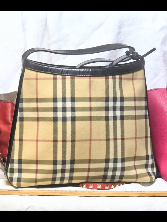 Burberry Handbags - Burberry Nova Check Plaid Canvas Leather Trim Shoulder Bag in Beige and Black